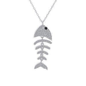 Silver Fish Bone Pendant with Cz Stones Necklace